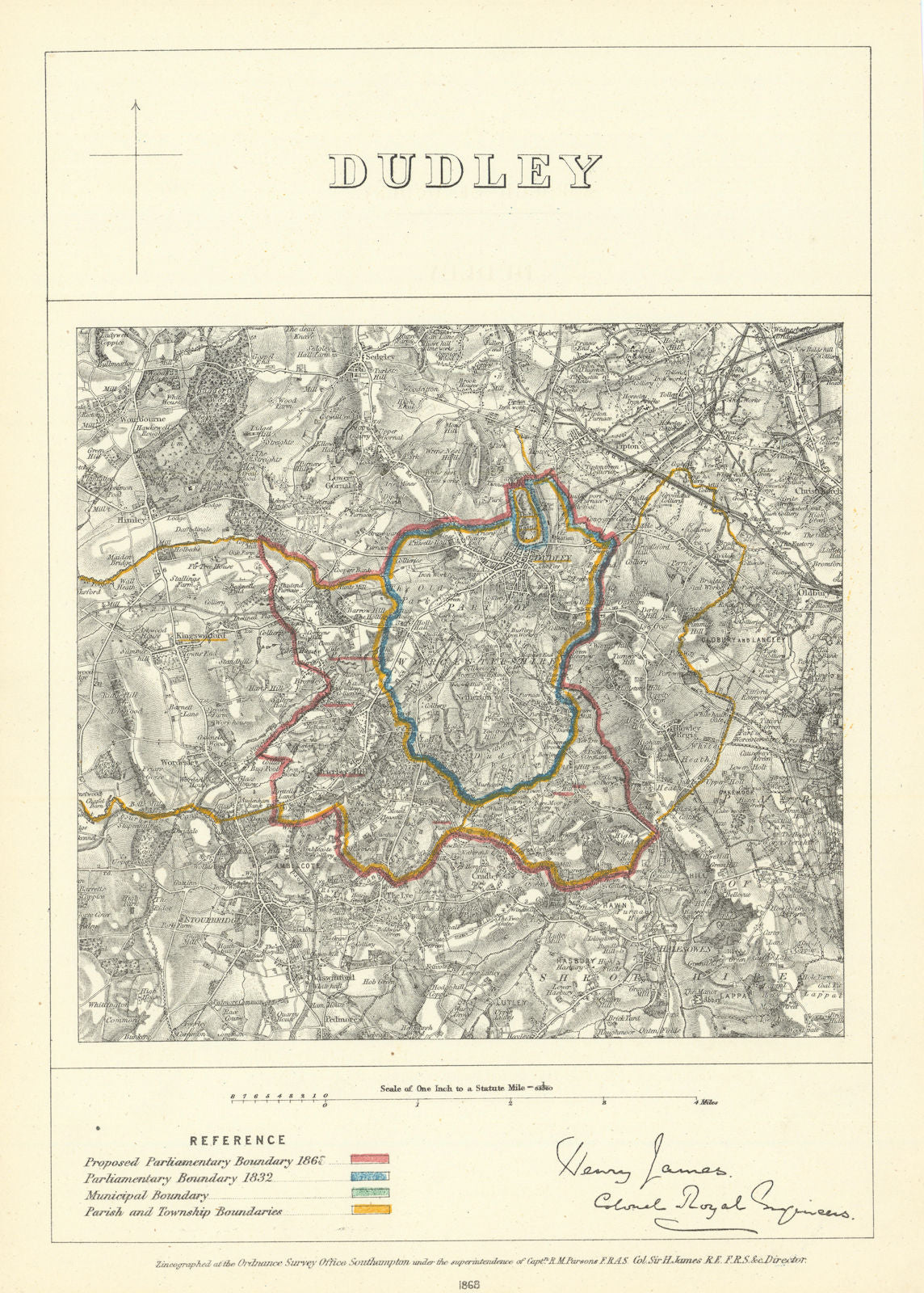 Dudley, Worcestershire. JAMES. Parliamentary Boundary Commission 1868 old map